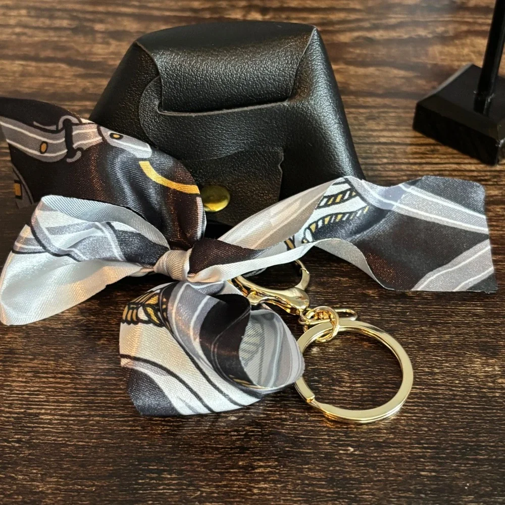 Black Mini Tote Bag Keychain Charm with Scarf Detail and Gold Hardware